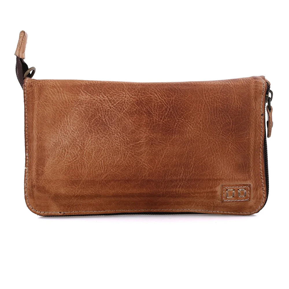Brown leather clutch bag on a white background