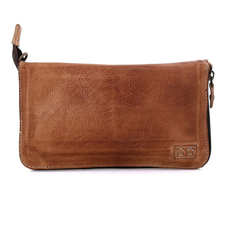 Brown leather clutch bag on a white background
