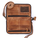 Brown leather crossbody bag with multiple compartments on a white background