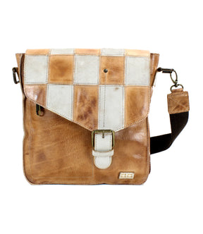 A brown leather crossbody bag with a checkered front panel and a black strap.