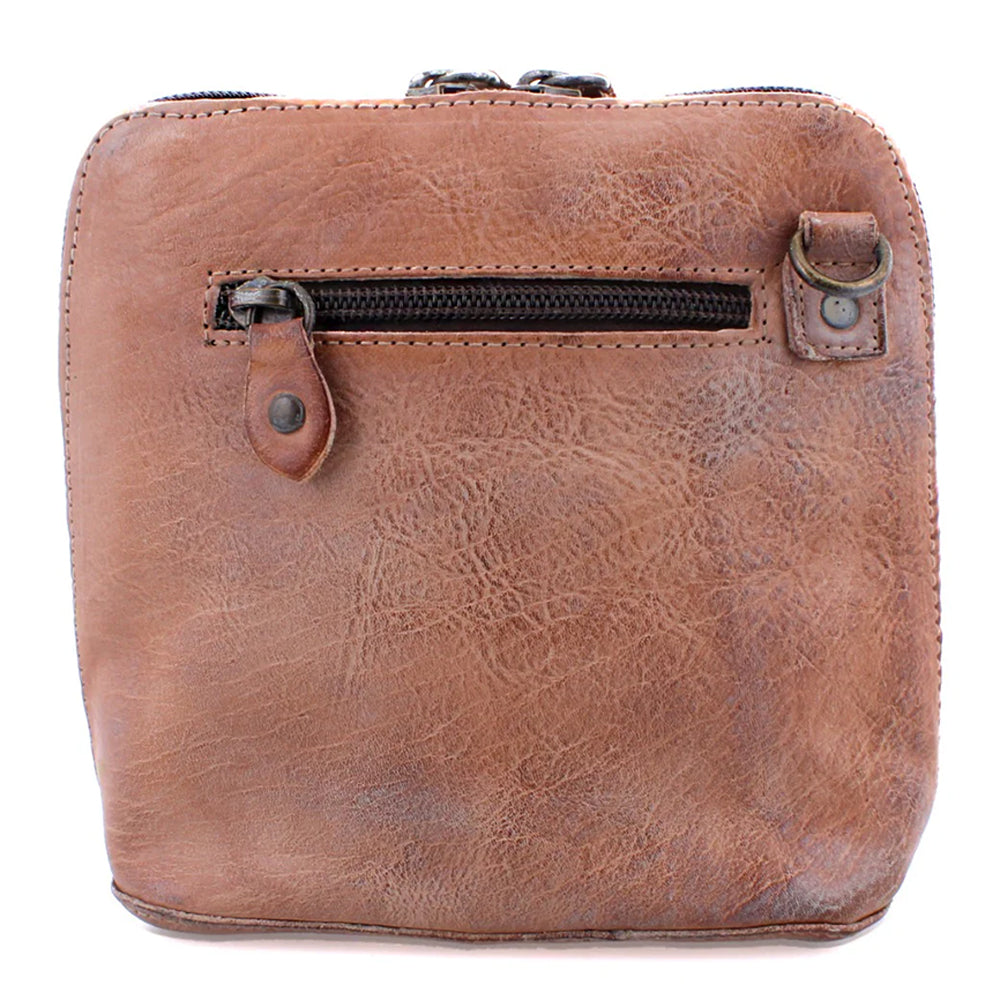 Brown leather pouch with a zipper on a white background