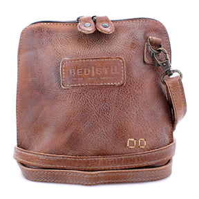 Brown leather crossbody bag with visible brand logo on a white background