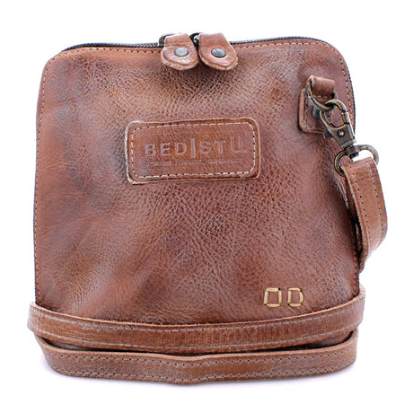Brown leather crossbody bag with visible brand logo on a white background