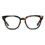 Green tortoiseshell cat-eye glasses on a white background