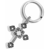 Silver cross keychain with decorative elements on a white background
