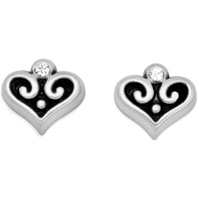 A pair of silver heart-shaped stud earrings with black scrollwork details and a small clear crystal at the top, shown on a plain white background.
