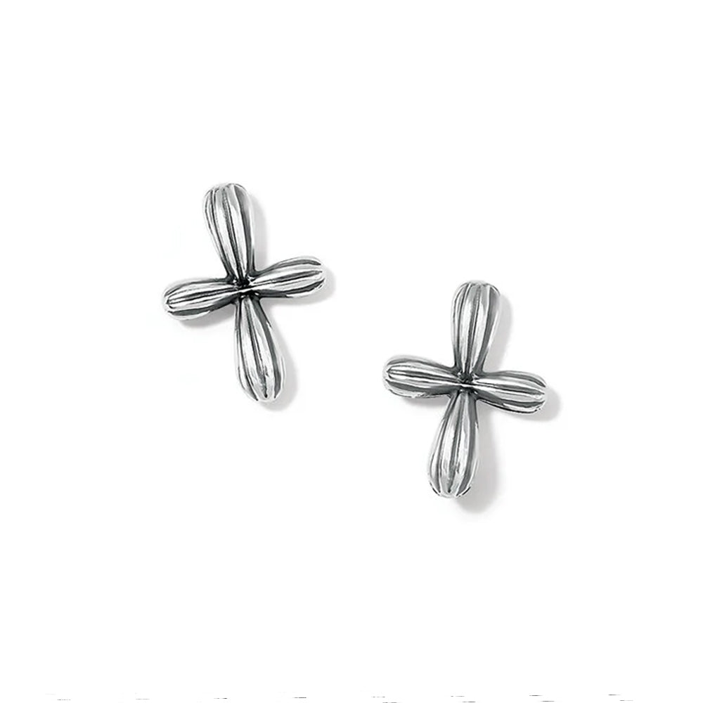 Pair of silver cross-shaped earrings on a white background