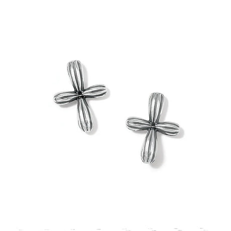 Pair of silver cross-shaped earrings on a white background