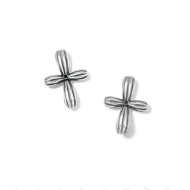 Pair of silver cross-shaped earrings on a white background