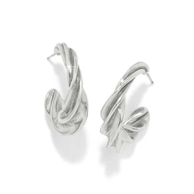 Pair of silver hoop earrings on a white background