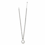 Silver necklace with a circular pendant on a white background