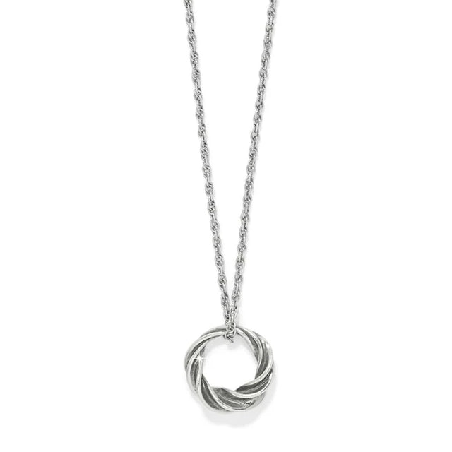 Silver necklace with a spiral pendant on a white background