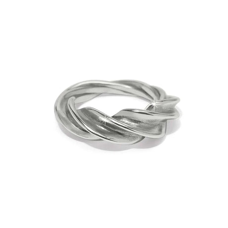 Silver ring with a twisted design on a white background