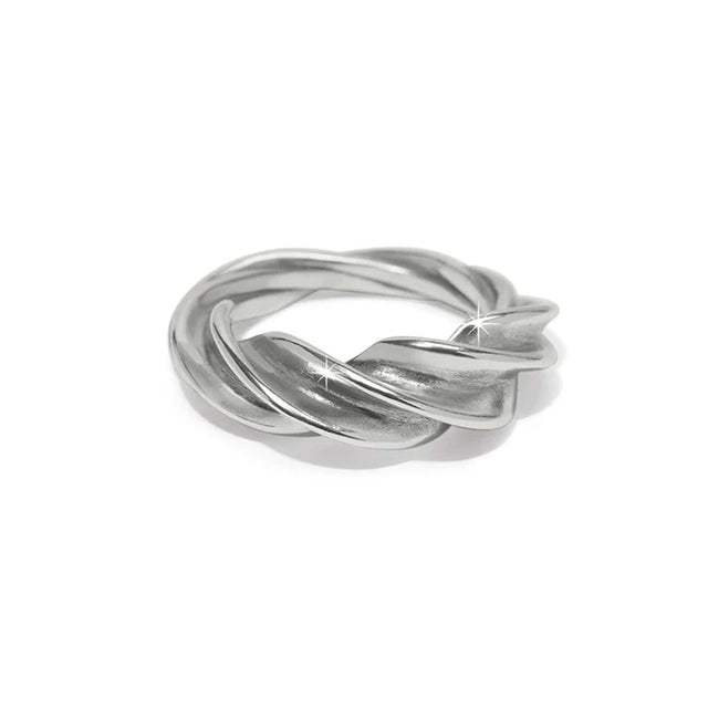 Silver ring with a twisted design on a white background