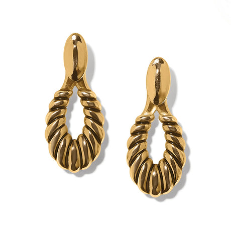 Pair of gold hoop earrings on a white background