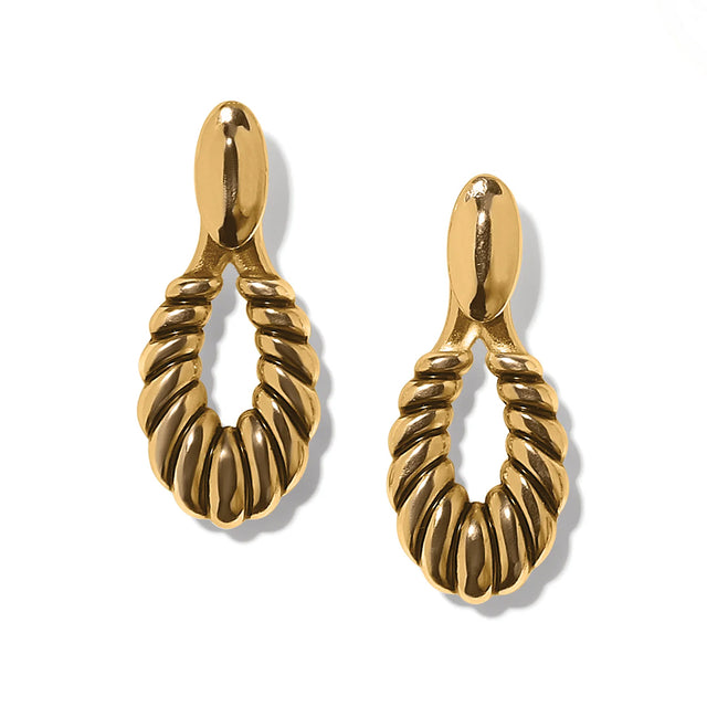 Pair of gold hoop earrings on a white background