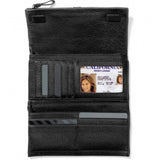 Black leather wallet with multiple card slots and a visible ID card on a white background