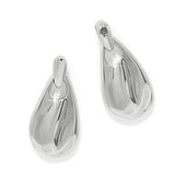 Pair of silver teardrop-shaped earrings on a white background