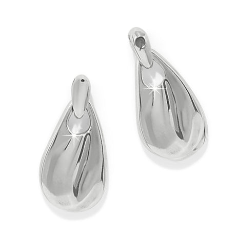 Pair of silver teardrop-shaped earrings on a white background