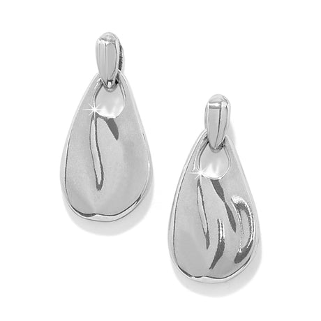 Pair of silver teardrop-shaped earrings on a white background