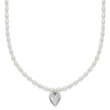 Pearl necklace with a silver heart pendant on a white background