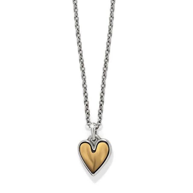 Heart-shaped pendant necklace with gold and silver design on a white background