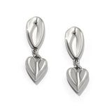 Pair of silver heart-shaped earrings on a white background