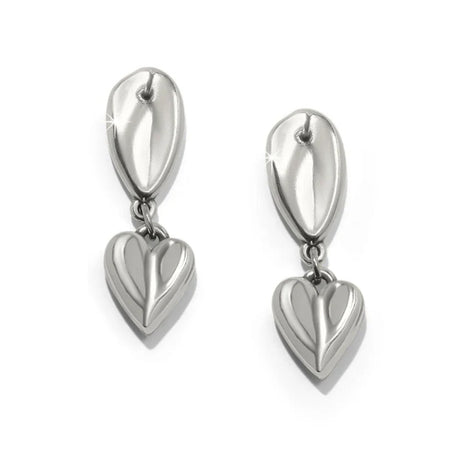Pair of silver heart-shaped earrings on a white background