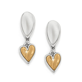 Pair of heart-shaped earrings with gold and silver finish on a white background