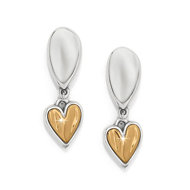 Pair of heart-shaped earrings with gold and silver finish on a white background