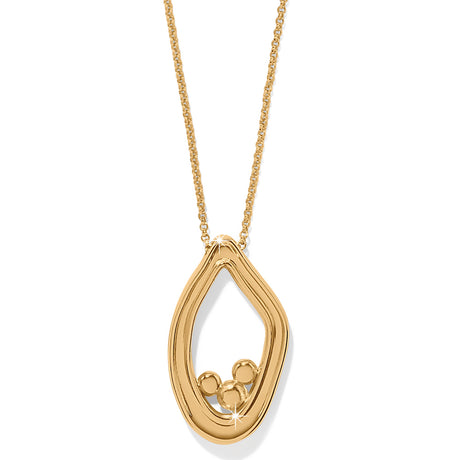 Gold necklace with a teardrop-shaped pendant on a white background