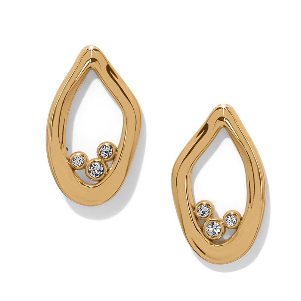 Gold teardrop earrings with embedded crystals on a white background