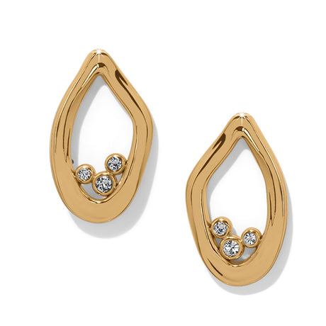 Gold teardrop earrings with embedded crystals on a white background