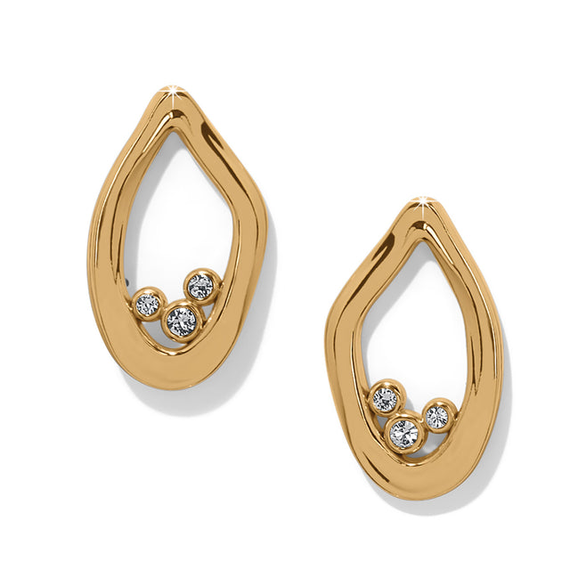 Gold teardrop earrings with embedded crystals on a white background