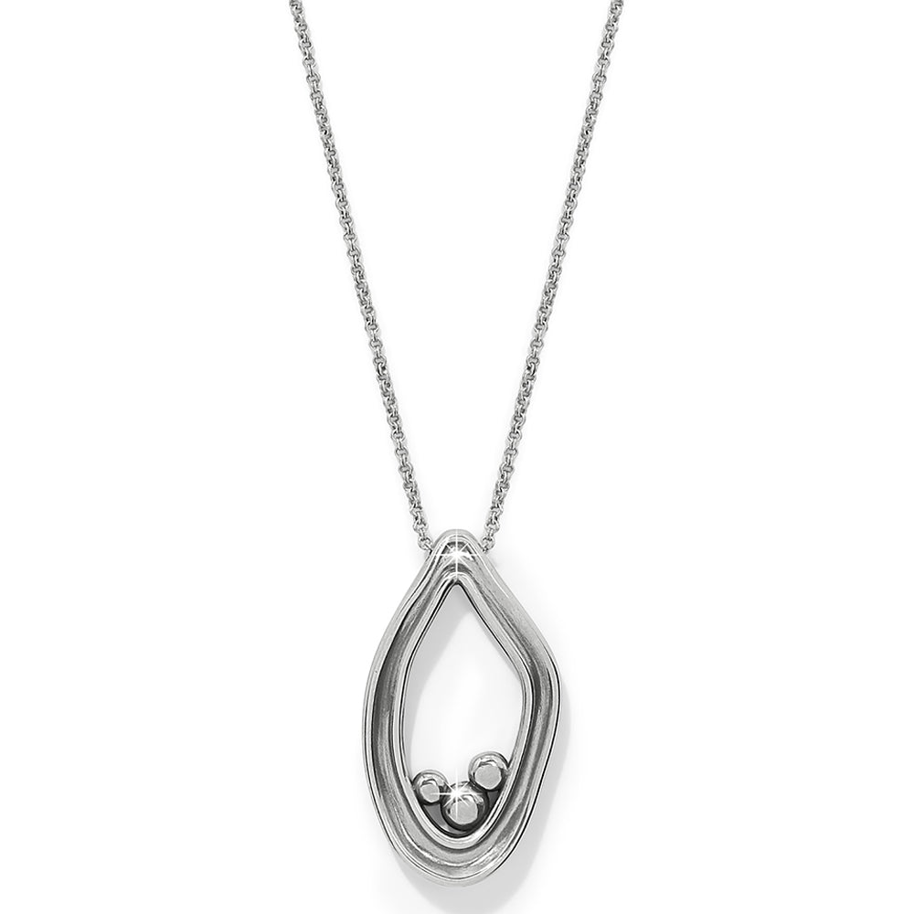 Silver teardrop-shaped pendant necklace on a white background