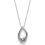 Silver teardrop-shaped pendant necklace on a white background