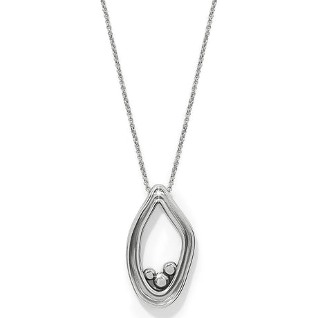 Silver teardrop-shaped pendant necklace on a white background