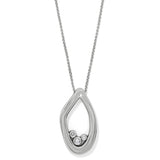 Silver teardrop pendant necklace with three small round stones on a white background