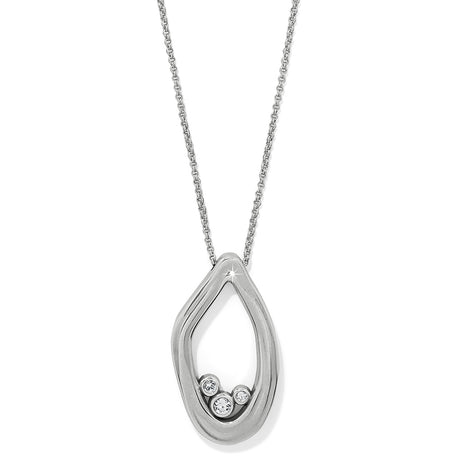 Silver teardrop pendant necklace with three small round stones on a white background