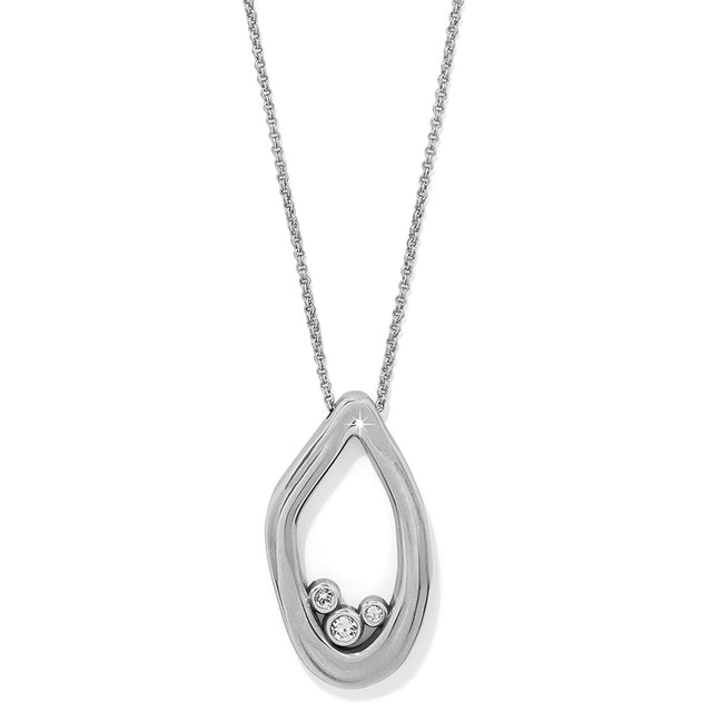 Silver teardrop pendant necklace with three small round stones on a white background