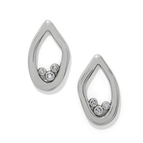 Pair of silver teardrop earrings with embedded stones on a white background
