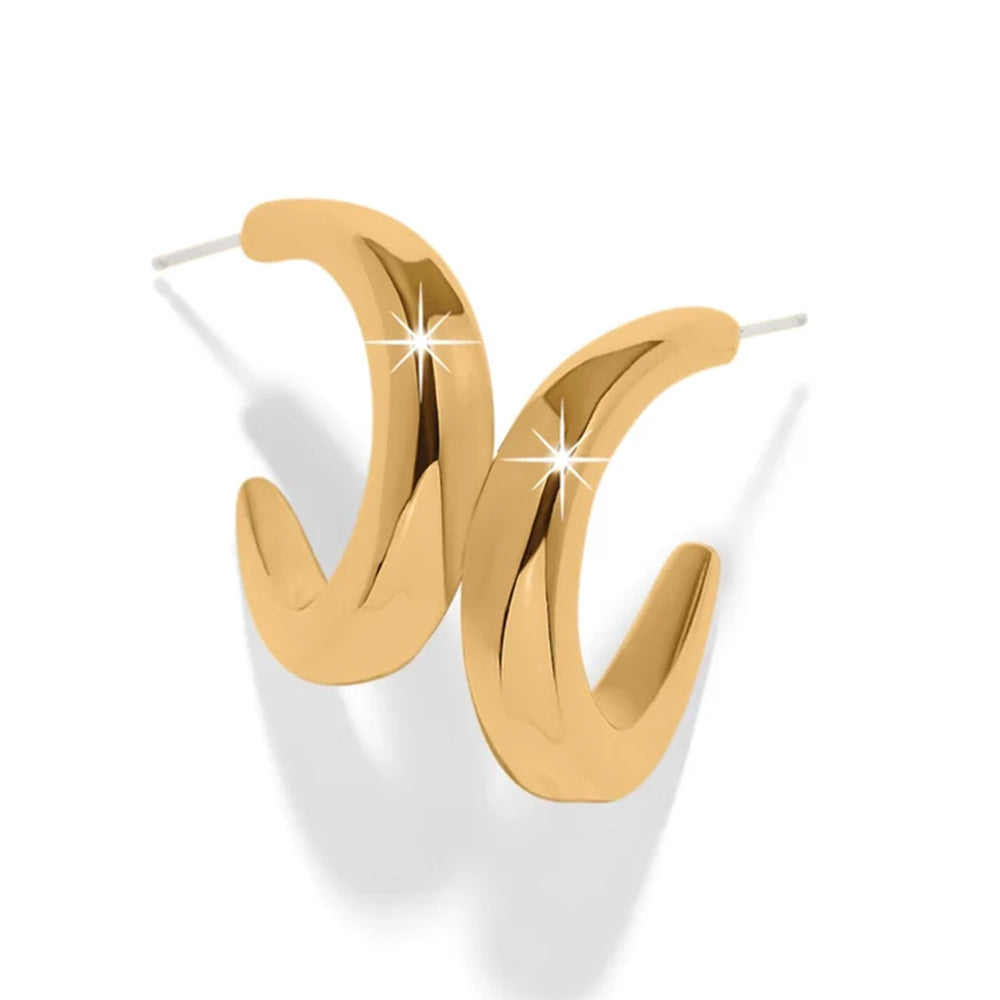 A pair of polished gold crescent-shaped hoop earrings with post backs, shown on a clean white background with soft drop shadows.
