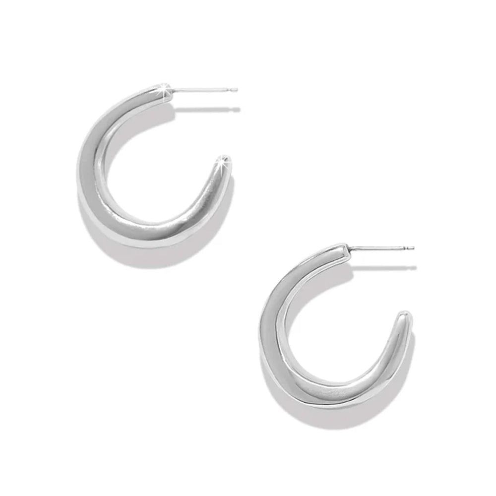 A pair of polished silver crescent hoop earrings with post backs, displayed on a clean white background with soft drop shadows.