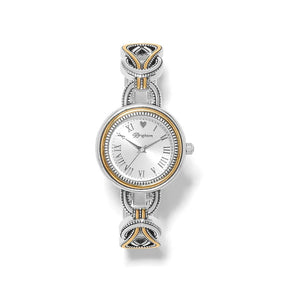A silver-tone women's watch by Dreyton, featuring an ornate Celtic knot bracelet with gold and silver accents, a silver dial with Roman numerals, and a gold-tone bezel.