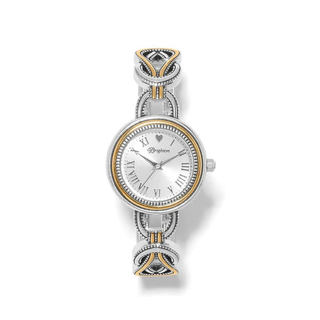 A silver-tone women's watch by Dreyton, featuring an ornate Celtic knot bracelet with gold and silver accents, a silver dial with Roman numerals, and a gold-tone bezel.