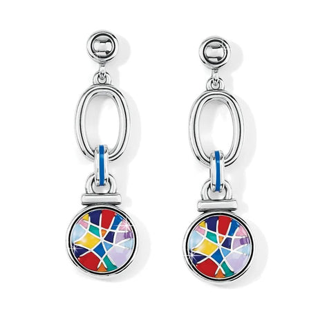 Pair of earrings with colorful circular charms on a white background