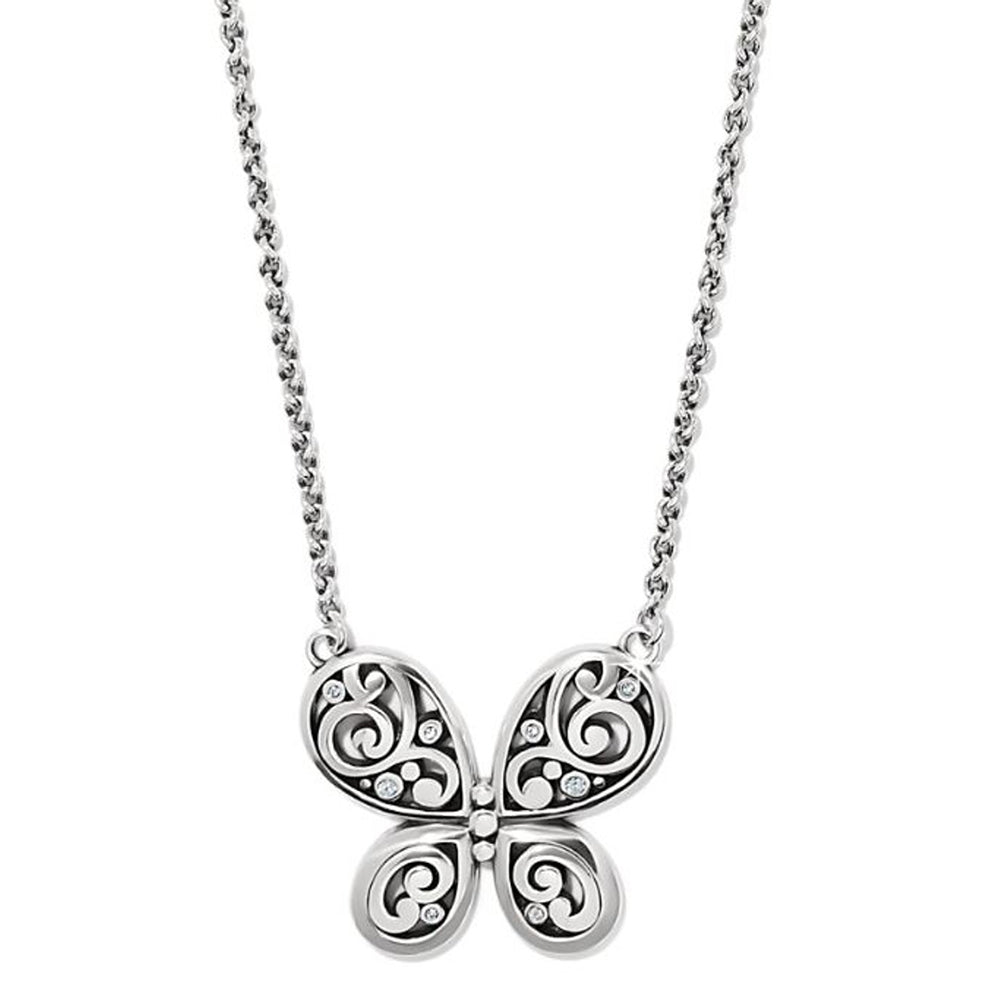 Silver butterfly pendant necklace on a white background