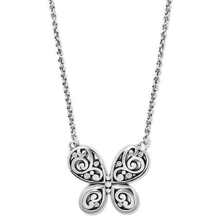Silver butterfly pendant necklace on a white background