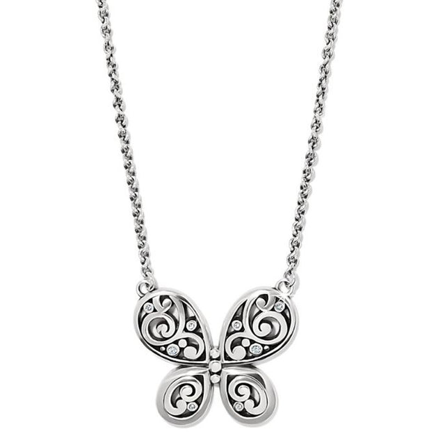 Silver butterfly pendant necklace on a white background