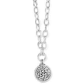 A silver-colored Brighton Contempo Medallion Charm Necklace with a circular medallion charm hanging from a chain.
